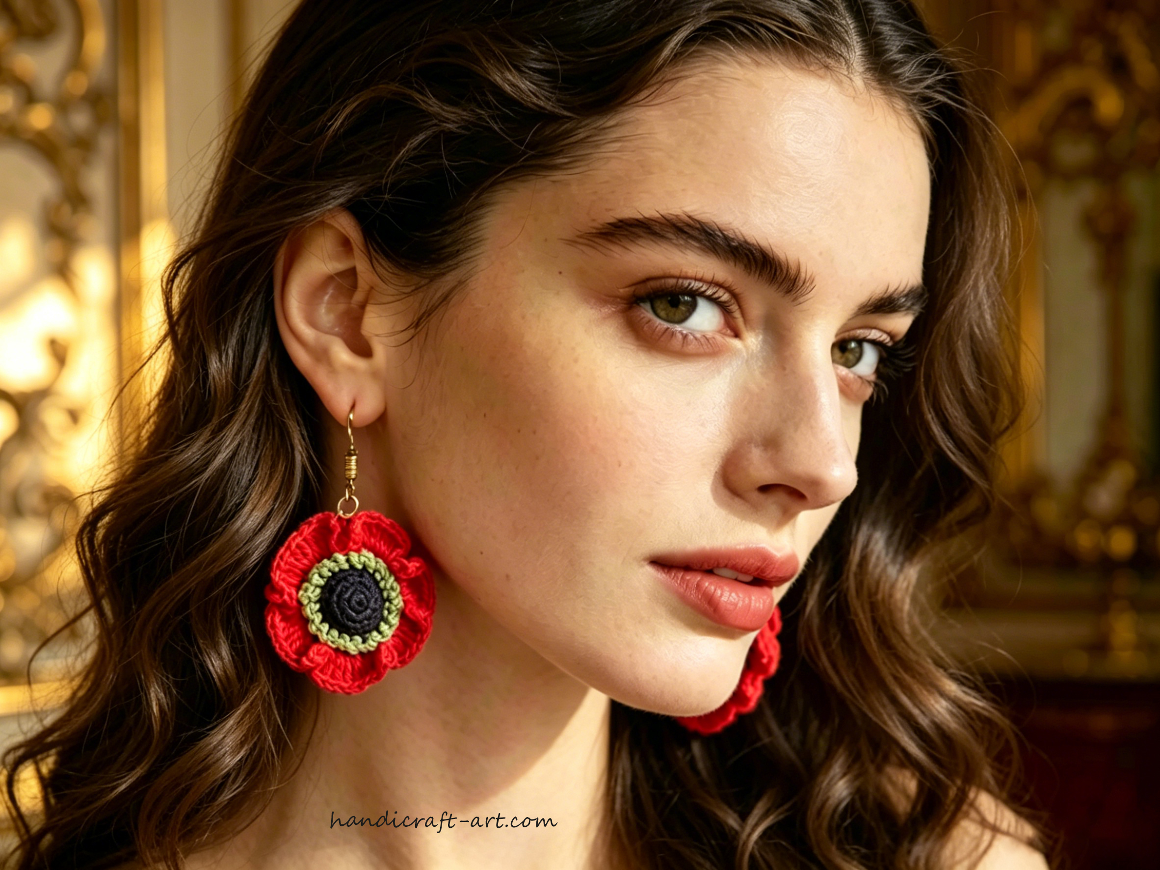 hand‑hooked corn poppy earrings| Artisan Red Crochet Jewelry