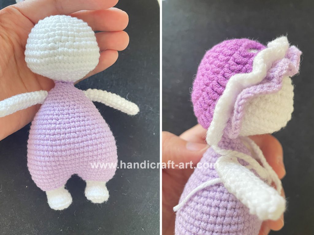Assembling crochet candy bunny parts together1