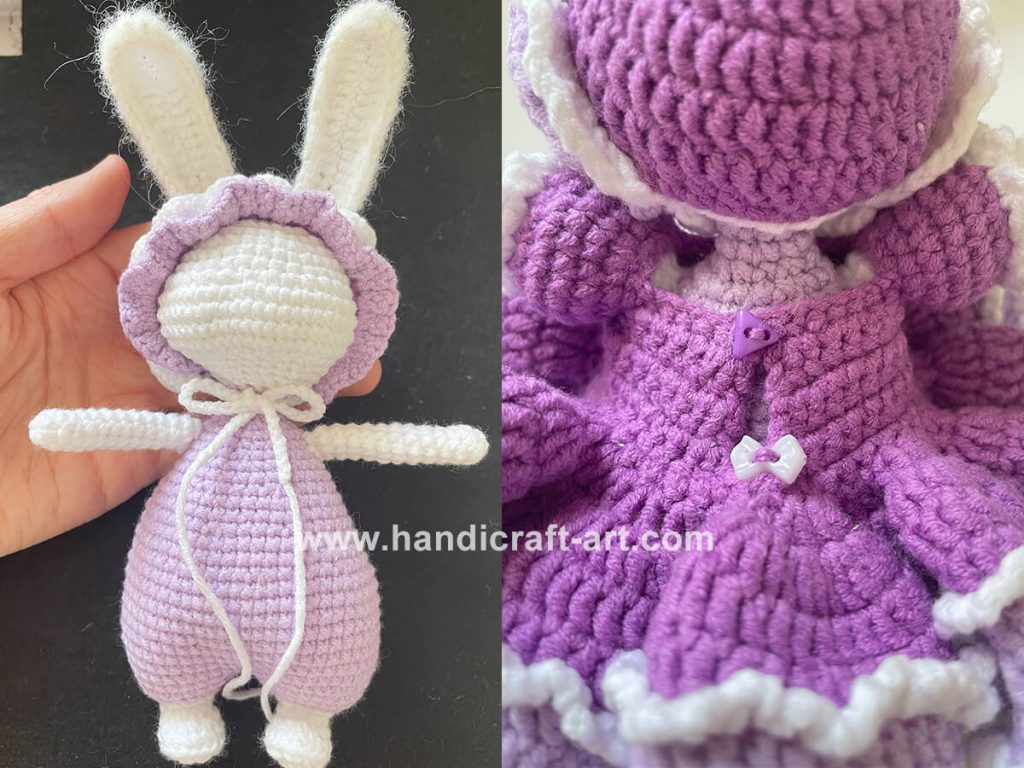 Assembling crochet candy bunny parts together2