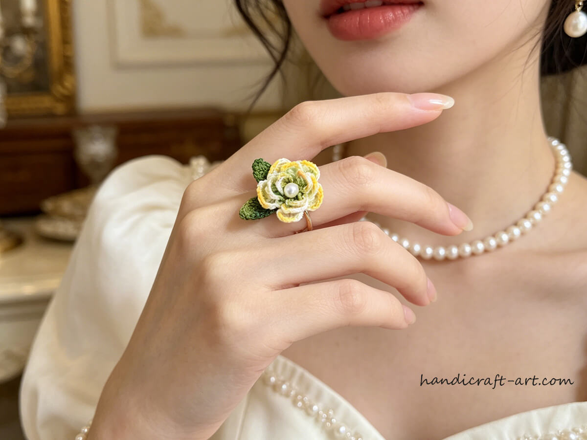 Handmade Lace Crochet Camellia Ring – Elegant & Healing Craft