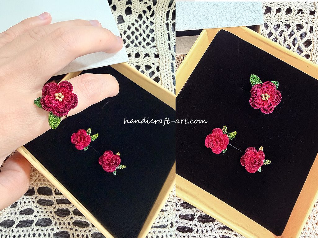 Handmade Red Rose Ring and Earrings Set gift