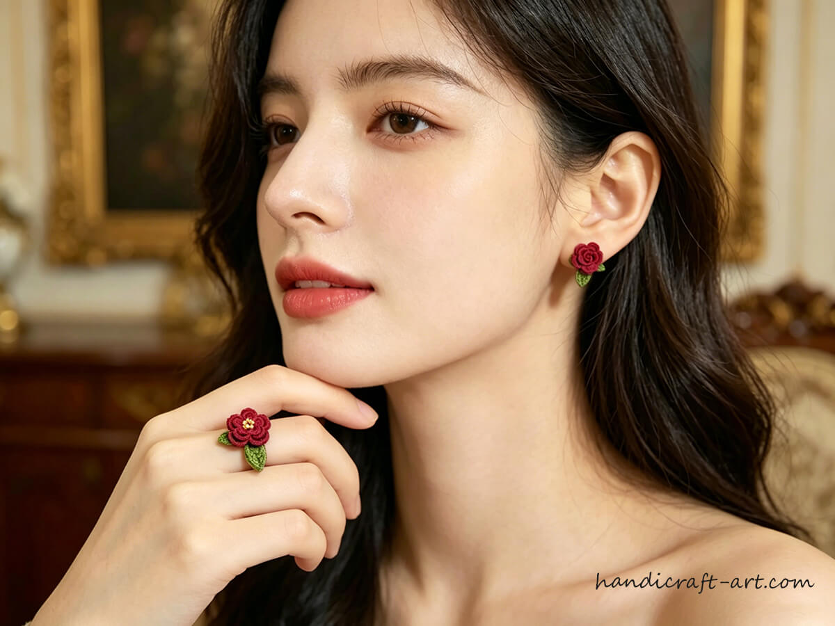 Handmade Red Rose Ring and Earrings Set – A Romantic Gift Stitched with Love